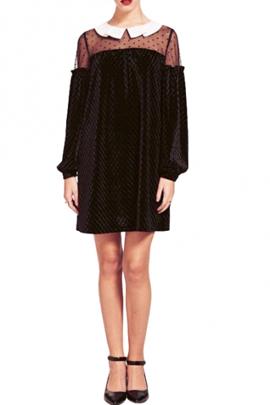 Polka Dot Mesh Shoulder Panel Black Mini Column Lapel Dress