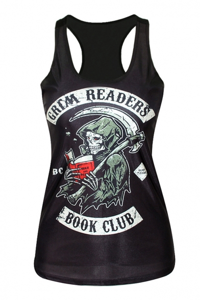Reading Book Old Witch Print Black Tanks