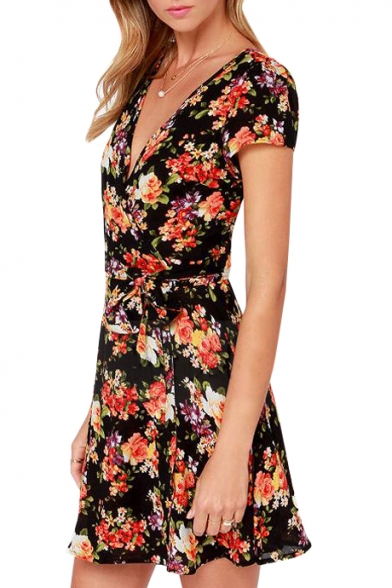 Rural Flower Print V Neck Short Sleeve Tie Waist A Line Dress