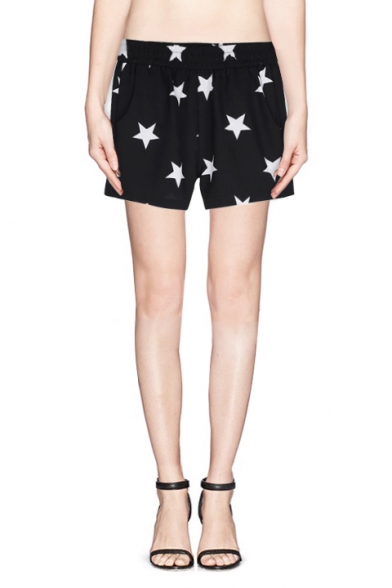 Stars Print Elastic Waist Pockets Chiffon Shorts