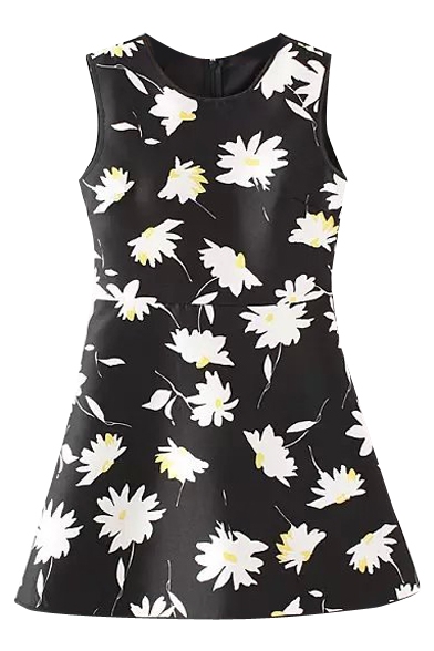 Black Background Sun Flower Print Zippered Back Dress