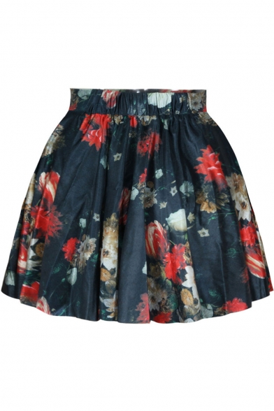 Colorful Floral Print High Waist Pleated Mini Skirt