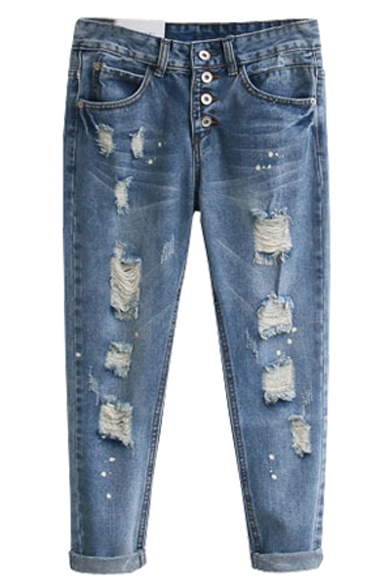 Mid Wash Distressed Boyfriend Straight Jeans with Zip Fly