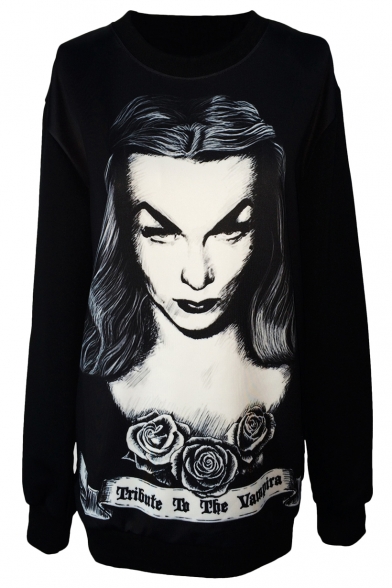 Rose&Short Hair Girl Print Black Sweatshirt