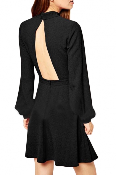 Sexy Back Cutout Plain Bell Sleeve High Neck A-line Dress