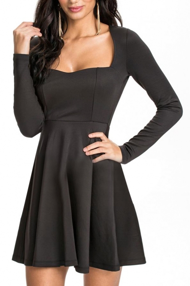 Sweet Style Back Cutout Sweetheart Neck Elastic Black A-line Dress