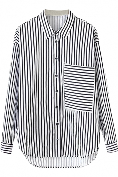 Vertical&Horizontal Stripe Print Single Pocket Shirt
