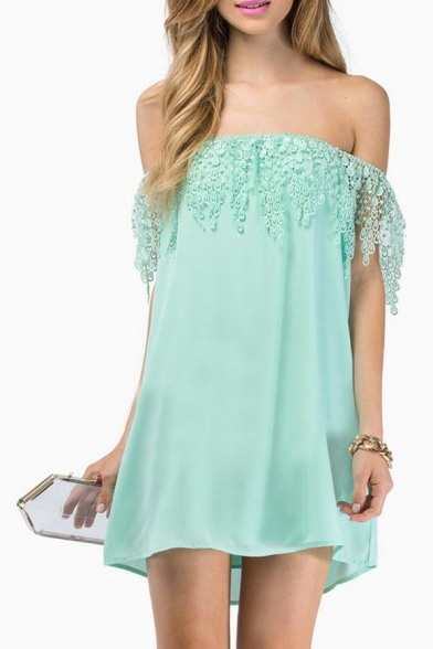 Water Drop Embroidered Lace Off-the-Shoulder Chiffon Mini Dress