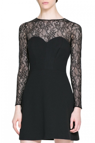 Back Cutout Lace Panel Style Sweetheart Neck Black A-line Dress