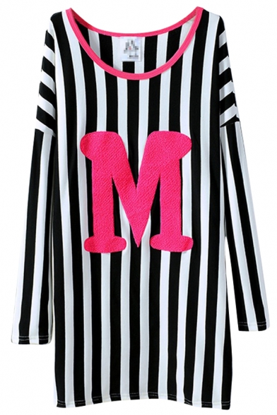 Big M Applique Stripes Pattern Long Sleeve Longline T-Shirt