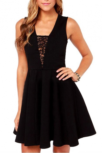 Black Back Sheer Lace Panel Plunge Neck Elegant Style Pleated Dress