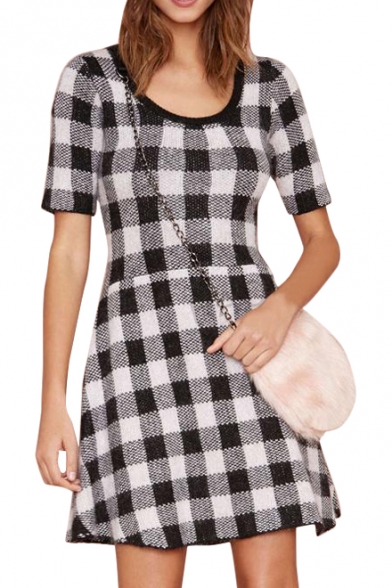 Black&Whit&Gray Checker Pattern Short Sleeve A-line Dress