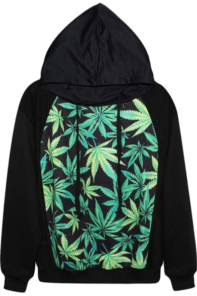 Green Maple Leaf Print Hoodie with Drawstring Front