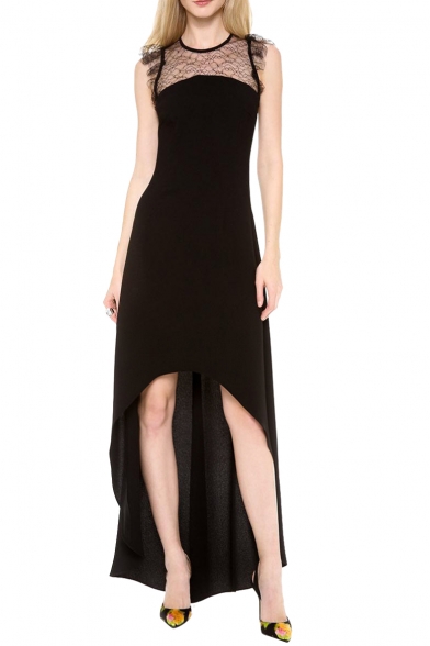 Refined High-low Hem Lace Panel Velvet Longline Black Dress