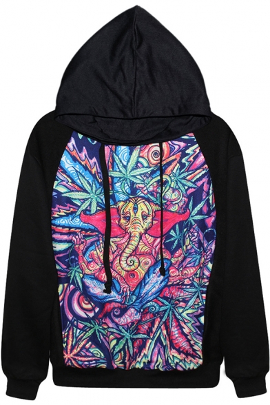Rock Colorful Elephant Print Hoodie with Long Sleeve