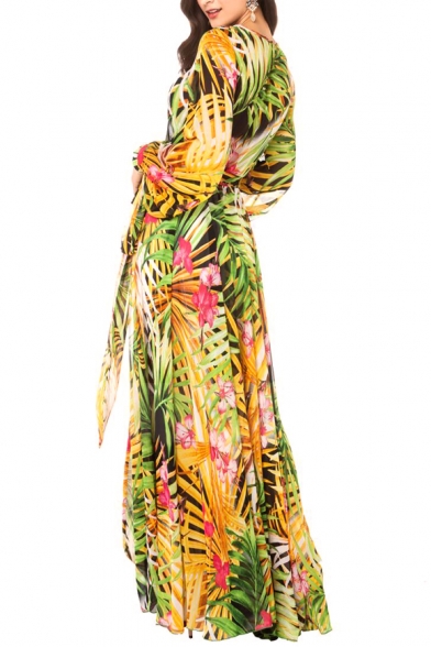 Summer Tropical Plants Print Floor Length Chiffon Dress