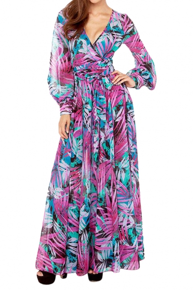 Surplice Neck Tropical Plants Print Maxi A-line Purple Dress