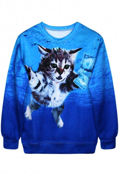 Swimming Kitty with Money Blue Sweatshirt