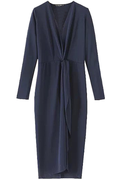 V-Neck Plain Front Ruffle Split Dark Blue Long Sleeve Dress
