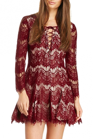 Delicate Crochet Lace Drawstring Chest Burgundy Dress