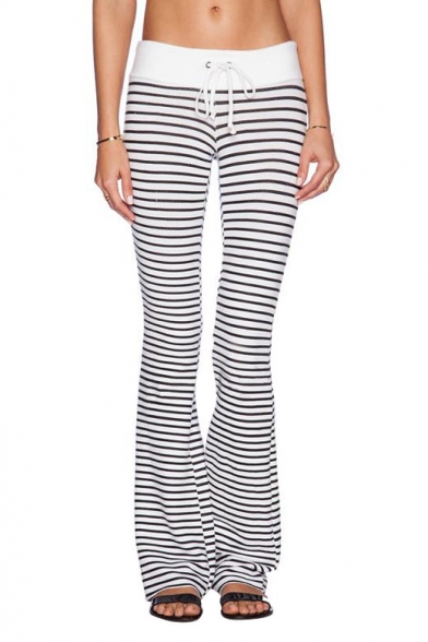 Stripe Print Drawstring Waist Flare Legs Fitted Cotton Pants