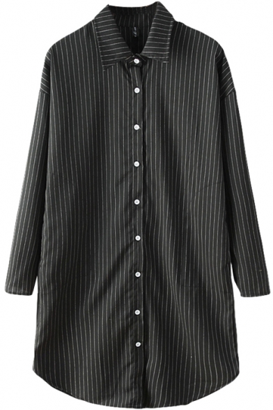 Stripe Print Lapel Single Breast Long Sleeve Long Shirt