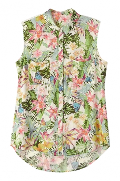 Summer Flower Print Green Sleeveless Shirt