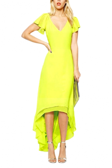 Yellow Ruffle Sleeve V-Neck High-Low Double Layer Slim Dress
