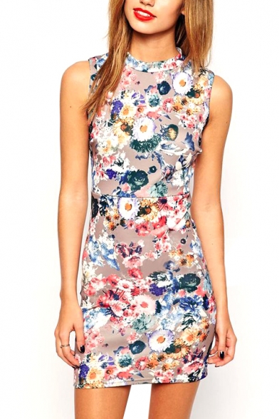 Apricot Background All Over Floral Print Sleeveless Slim Dress