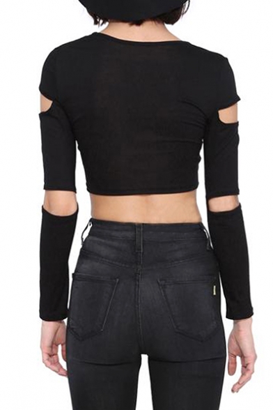 Chest&Sleeve Cutout Long Sleeve Crop Black T-Shirt