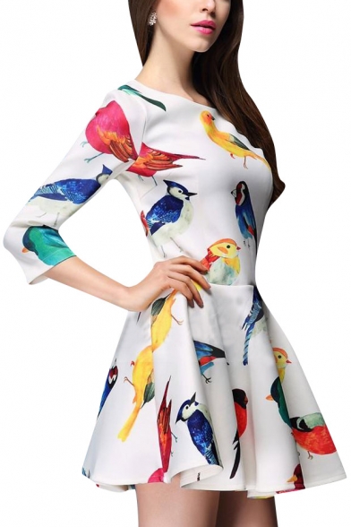 Colorful Birds Print 3/4 Sleeve Round Neck A-line Dress