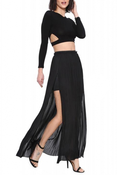 Black Elegant Split One Side Elastic Waist Max Skirt