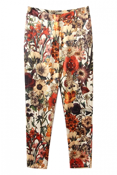 Fashionable Blossom Print Beige Background Pants