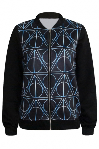 Geometric Pattern Rock&Roll Style Black Baseball Jacket