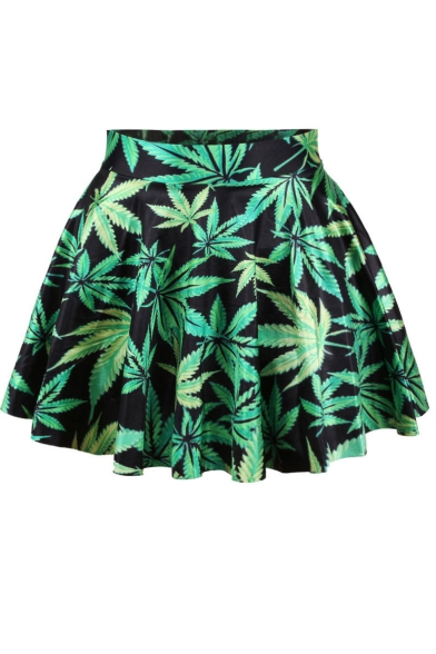 Green Leaves Print  Mini Skirt