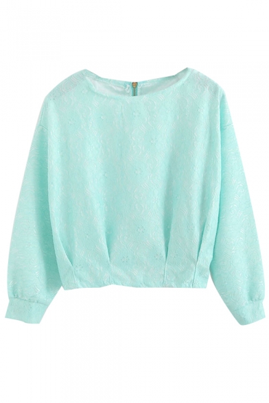 Plain Embroidered Floral Round Neck Long Sleeve Top