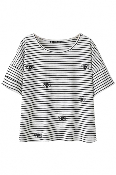 Stripe&Eyes Embroidery T-Shirt - Beautifulhalo.com