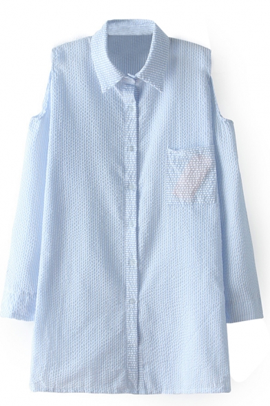 Stripe Print Single Pocket Lapel Open Shoulder Tunic Shirt