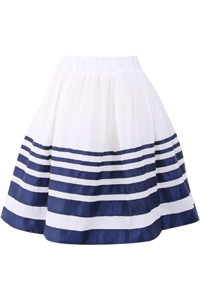 Striped Chiffon Pleated Skirt with Elastic Waist