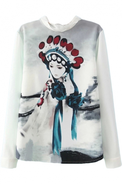 Beijing Opera Character Print Lace Collared Long Sleeve Blouse