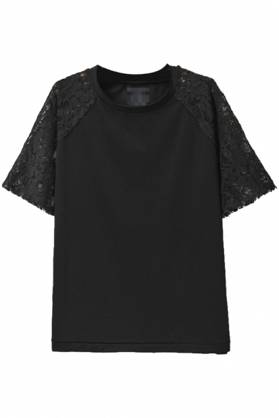 Black Plain Lace Raglan Sleeve T-Shirt with Round Neck