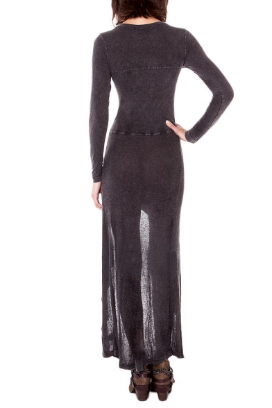 Dark Gray Vintage Slim Asymmetric Hem Long Sleeve Dress 2050