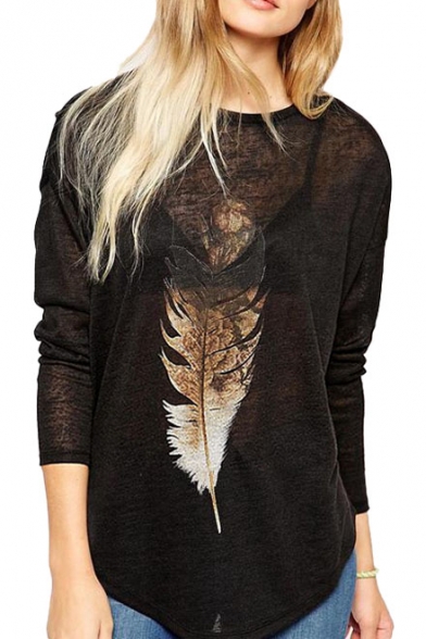 Feather Print Round Neck Long Sleeve Loose T-Shirt