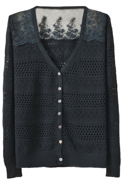 Plain Lace Panel Cutout Knit V-Neck Cardigan