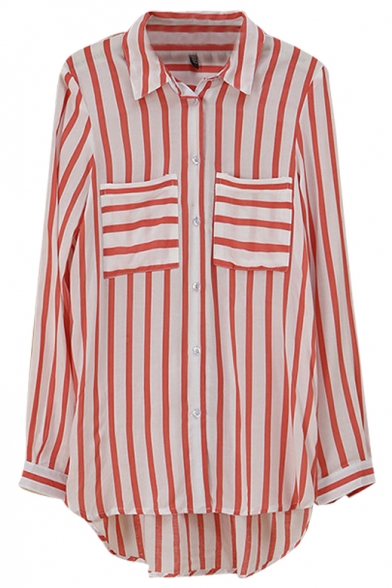 Red Vertical Stripe Pattern Double Pockets Shirt
