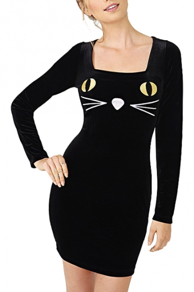 Square Neck Cute Kitty Face Embroidery Black Sheath Dress
