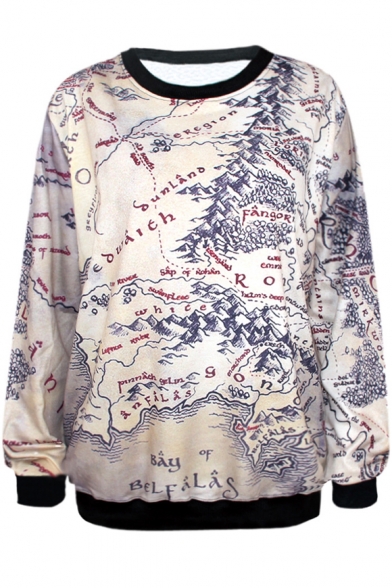 Vintage Map Print Beige Sweatshirt