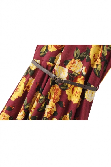 Flower Print Low Round Neck Short Sleeve Belted Skater Dress