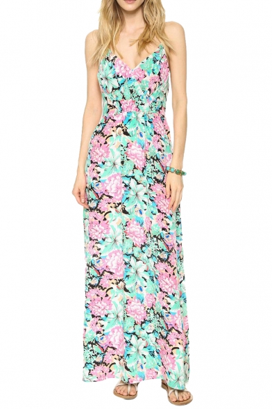 Fresh Blossom Print V-Neck Slip Longline Holiday Style Dress