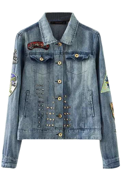 Lapel Rivet Applique Fashionable Denim Jacket